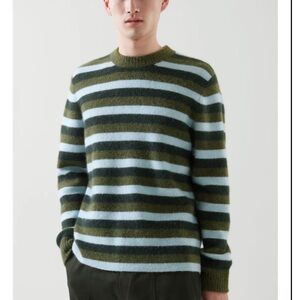 COS Men's Olive & Light Blue Striped Knit Sweater